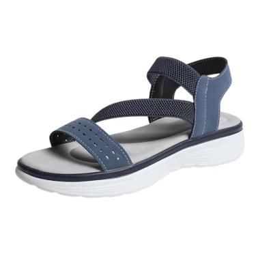 Imagem de Sandália rasteira feminina respirável bico redondo e faixa elástica para primavera verão casual versátil, Azul royal, 39