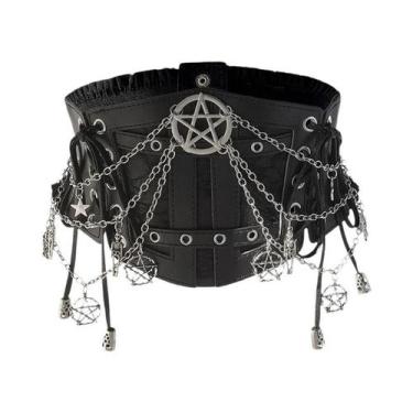 Imagem de Cinto Largo Preto Para Mulheres, Acessório De Moda Com Corrente Estrel