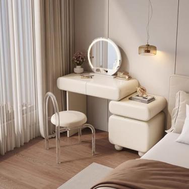 Imagem de Mesa com espelho e luzes - Mesa de maquiagem moderna com gavetas, 3 modos de luz ajustáveis, armário lateral retrátil e banco para uso no quarto