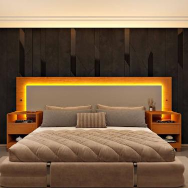 Imagem de Cabeceira Box Casal Queen 100% Mdf com Led e 2 Gavetas 268cm X 72cm Organica Luna Cinamomo/Off White