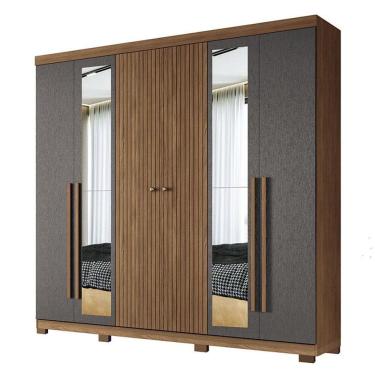 Imagem de Guarda Roupa Casal Ripado 6 Portas Buriti com Espelho e Pés Jatobá Grafite Acetinado - Santos Andirá