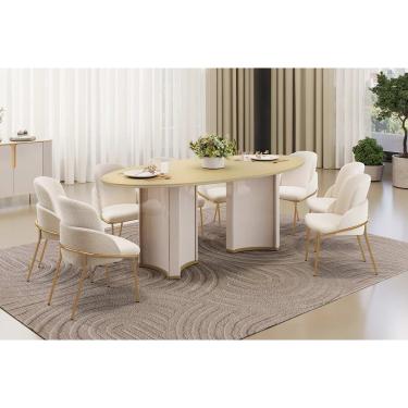 Imagem de Conjunto: Mesa Sala Jantar Liz c/ Tampo Madeirado c/ Vidro Oval 218x108cm e 8 Cadeiras Vitta Off White/Dourado - Boucle Perola - DJ Móveis