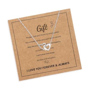 Imagem de Agriajun Colar feminino com pingente de coração de amor duplo para namorada, presente de zircônia cúbica, branco, dourado, prata, strass, para sempre, dia dos namorados, Natal, aniversário, formatura