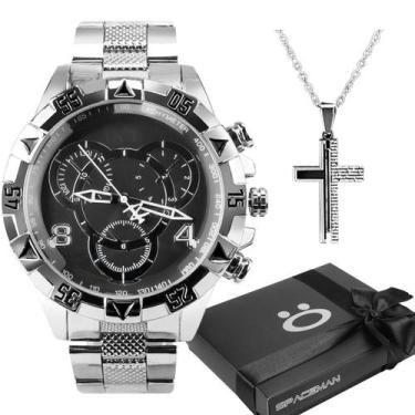 Imagem de relogio prova dagua prata aço inox + cordão cruz + caixa casual pesado