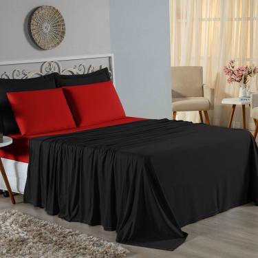 Imagem de Jogo De Cama King Nobre 4 Peças Lençol Com Elástico De 30cm De Altura Malha 100% Algodão - Preto / Vermelho
