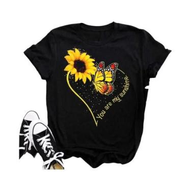 Imagem de Camiseta Preta Com Estampa De Borboleta E Girassol Kawaii Para Mulhere