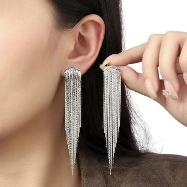 Imagem de Brincos Femininos Franja Longo Casamento Festas Prateado - anjo da mam