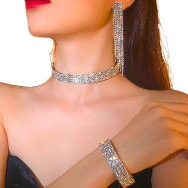 Imagem de Conjunto Colar Brinco e Pulseira Strass Prateado Noiva Festa - VALLEN 