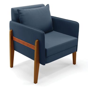 Imagem de Poltrona Lana Suede Azul Base De Madeira Com Almofada Solta Azul D'Rossi