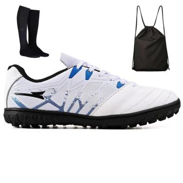 Imagem de Kit Chuteira Futebol Society Bico em Couro Campo Grama Sintetica + Mochila + Meião Adulto-Unissex