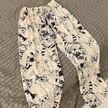 Imagem de Calças De Pijama Femininas Com Estampa De Gato Cartoon, Soltas E Casua