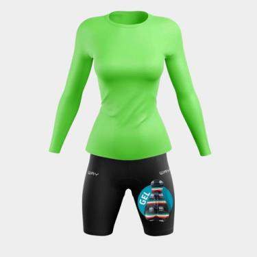 Imagem de Conjunto Ciclismo Feminino Kit Camisa UV Verde Limão + Bermuda Forro e