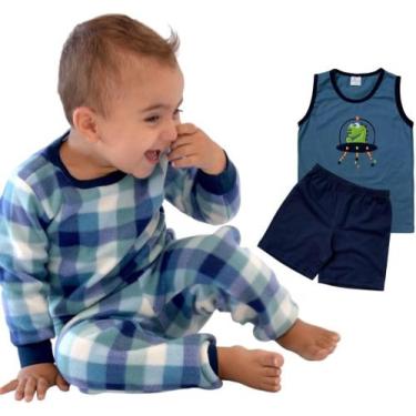 Imagem de Pijama Infantil Menino Premium 4 PEÇAS P azul com branco ( xadrez) - M