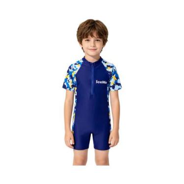 Imagem de Maiô Azul Para Meninos Pequenos Com Mangas Curtas E Proteção Solar SPF