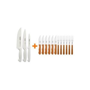 Imagem de Kit Faqueiro Premium 3 Peças e Jogo Churrasco Dynamic Aço Inox Cabo Polipropileno Branco Tramontina