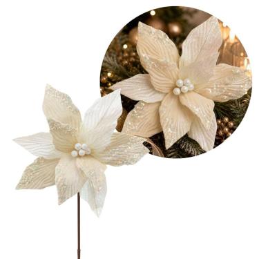 Imagem de Flor Bico de Papagaio Natalina Luxo Branco Cristal e Creme Tecido Frisado Lantejoulas Furta-Cor 36cm Pick Decorativo