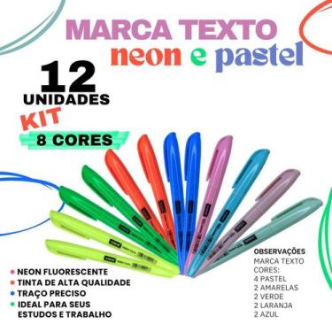Imagem de Kit 12 Canetas Marca Texto 8 Neon e 4 Pastel - Vighs