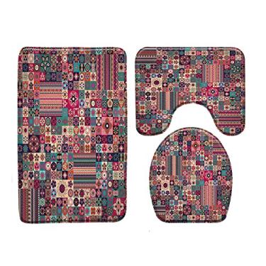 Imagem de Tapete de banho estilo étnico tibetano conjunto de 3 peças tapete de porta tapete de banheiro tapete antiderrapante tampa de assento de vaso sanitário produtos de banheiro, 1794l, conjunto de 3 peças, 400mmx600mm