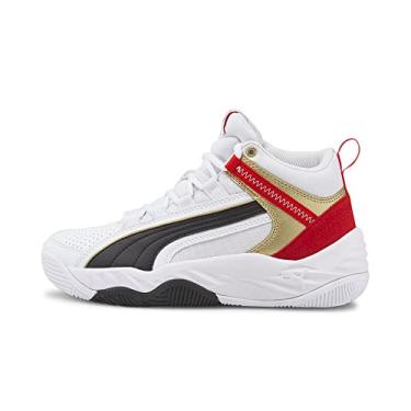 Imagem de PUMA Tênis infantil unissex Rebound Future Evo, Puma Branco-puma preto - alto risco vermelho-puma Team Gold, 6 Big Kid