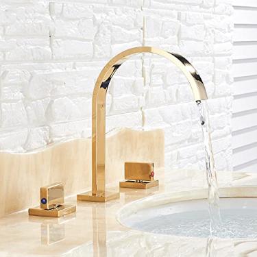 Imagem de Torneira de bacia de banheiro de ouro torneira de pia de pia de manípulo duplo torneiras de lavatório montadas no convés torneira de água quente e fria torneira misturadora, polonês de ouro, china