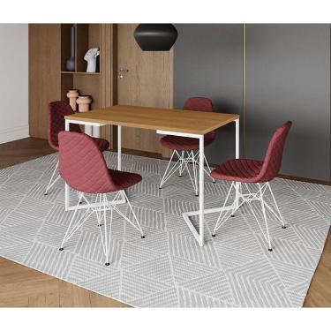 Imagem de Mesa Jantar Industrial Retangular Base V 120x75cm Canela + 4 Cadeiras Estofadas Vermelhas Aço Branco