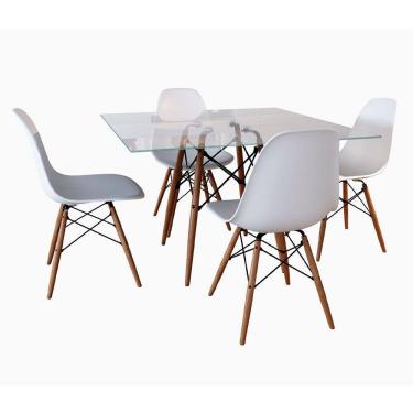 Imagem de Conjunto de Mesa de Jantar Eames Eiffel Quadrada 90cm Tampo de Vidro com 4 Cadeiras Brancas