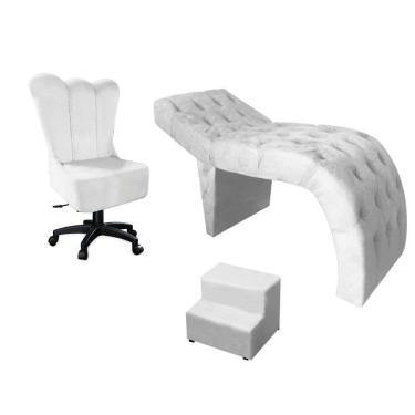Imagem de Kit Maca Estética Com Cadeira Mocho Giratória E Escadinha Corino Branco - D House Decor