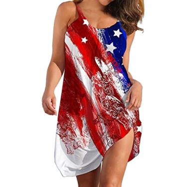 Imagem de Vestido feminino casual com estampa do Dia da Independência, saia longa, sem mangas, solta, casual, camiseta, comprimento até o joelho, Vermelho, P