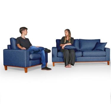 Imagem de Conjunto de Sofá Living 3 lugares Duas Poltronas Essencial Estofados (Azul, 4 Lugares)