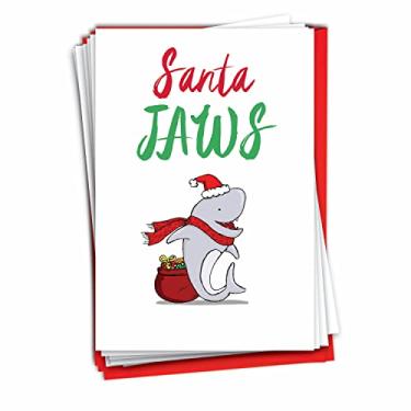 Imagem de The Best Card Company - 12 cartões de Natal engraçados trocadilhos - Cartões de notas de férias em caixa para crianças, pais (1 design, 12 cartas) - Foi o trocadilho antes do tubarão de Natal C5550JXSG-B12
