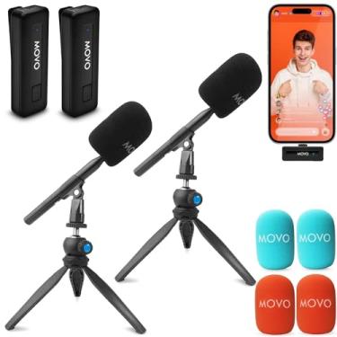 Imagem de Movo Mini microfone sem fio DI-Duo sem fio para iPhone, conjunto de equipamentos de podcast, com alça WMX-HM/suporte para microfone de mesa – microfones sem fio para iPhone para podcasts, entrevistas