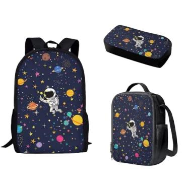 Imagem de Spowatriy Planet Astronaut School Girls Boys Conjunto de mochila 3 em 1 com lancheira e estojo de lápis com alças ajustáveis Mochila durável de 43 cm para acampamento, caminhadas, viagens