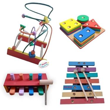 Imagem de Kit Brinquedo Pedagógico Educativo Em Madeira Aramado G + Prancha Seleção + Xilofone + Bate Pino (Kit Bate Pino V2)