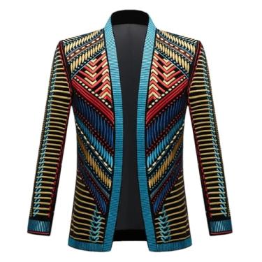 Imagem de Terno bordado vintage, blazer masculino, casaco de lã, estilo étnico, listrado, fantasia de palco, casual, Azul, Large