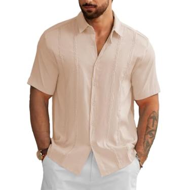 Imagem de Hardaddy Camisa masculina bordada Guayabera cubana para férias camisa de praia verão manga curta, Bege, P