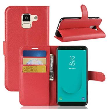 Imagem de Capa para Samsung J6 2018, capa carteira flip de couro PU premium com compartimento para cartão, suporte e fecho magnético [capa interior à prova de choque de TPU] compatível com Samsung J6 2018