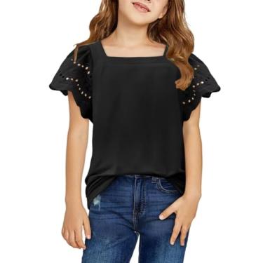 Imagem de Yoklass Camisetas casuais para meninas, gola quadrada, manga com babados, blusas soltas sólidas de 5 a 14 anos, Preto, 13-14 Anos