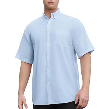 Imagem de Sedyrak Camisa de manga curta masculina de linho de algodão com ajuste regular casual com botão e bolso frontal, Azul celeste375, M