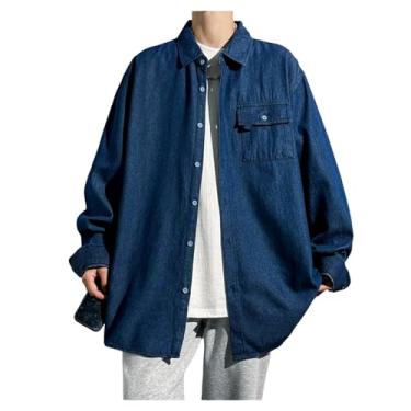 Imagem de Camisa jeans masculina, manga comprida, botões frontais, cor sólida, gola aberta, bolsos frontais, Azul-escuro, M