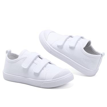 Imagem de Tênis de lona infantil branco sem cadarço leve confortável casual tênis de corrida adequado para a pele para meninos e meninas, Gancho e laço, branco, 7 Toddler