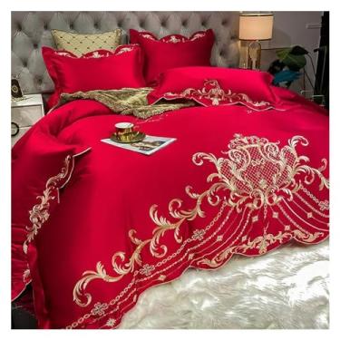 Imagem de Jogo de lençol de cama / lençol com elástico com quatro peças de algodão de alta qualidade capa de edredom para casamento queen (cama Rojo 1,5 m, 4 peças)