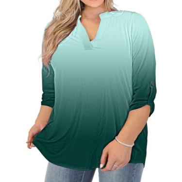 Imagem de AMCLOS Camisetas femininas plus size, gola V, casual, macia, rodada, manga comprida com botões, Floral verde, XXG Plus Size