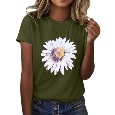 Imagem de Camiseta feminina com estampa floral, manga curta, gola redonda, leve, macia, casual, roupa de verão, ajuste técnico, Ag, M
