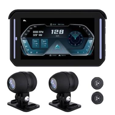 Imagem de XRC TECH Câmera de painel de motocicleta com tela sensível ao toque IPS de 5 polegadas, navegador GPS, à prova d'água, Wi-Fi, lente dupla, 1080p, tela sem fio, carplay/projeção automática Android,