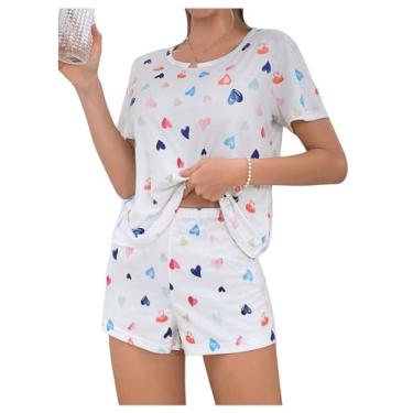 Imagem de SOLY HUX Conjunto de pijama feminino com estampa de coração, camiseta e short de manga curta, Coração branco, G