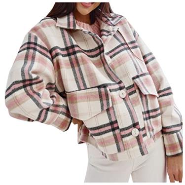 Imagem de Nagub Casaco feminino xadrez 2023 manga longa abotoado flanela jaqueta cropped inverno casacos de lã com bolsos, rosa, G