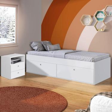 Imagem de Cama Solteiro Com Mesa De Cabeceira 2 Gavetas Branco Arda Shop Jm