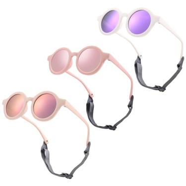 Imagem de LIU·WEN Óculos de sol redondos fofos para bebês polarizados, pacote com 3 - armação flexível com alça para bebês recém-nascidos de 0 a 24 meses, Espelho A4 branco/roxo + espelho rosa/rosa + rosa