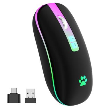 Imagem de KARFUN Mouse sem fio, retroiluminado LED portátil fino para laptop, PC, computador, MacBook, iPad, Chromebook, notebook, mouse sem fio recarregável de 2,4 G (preto) (nariz preto-transparente)