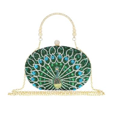 Imagem de MAIRLOM Bolsa clutch com strass para mulheres, noite, casamento, formal, - bolsa de mão redonda com fecho de pérola - Bolsa de diamante de cristal, Pavão verde